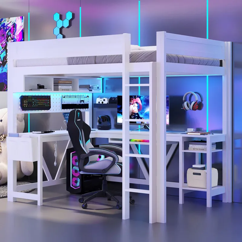 White Gaming Loft Bed with Des - Esports Gaming Bed ulasan dan harga